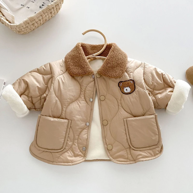 Autumn Winter Baby Boys Jacket Solid Color Cartoon Bear Print Lining Plush Thick Warm Single Breasted Cotton Outerwear For 1-5Y