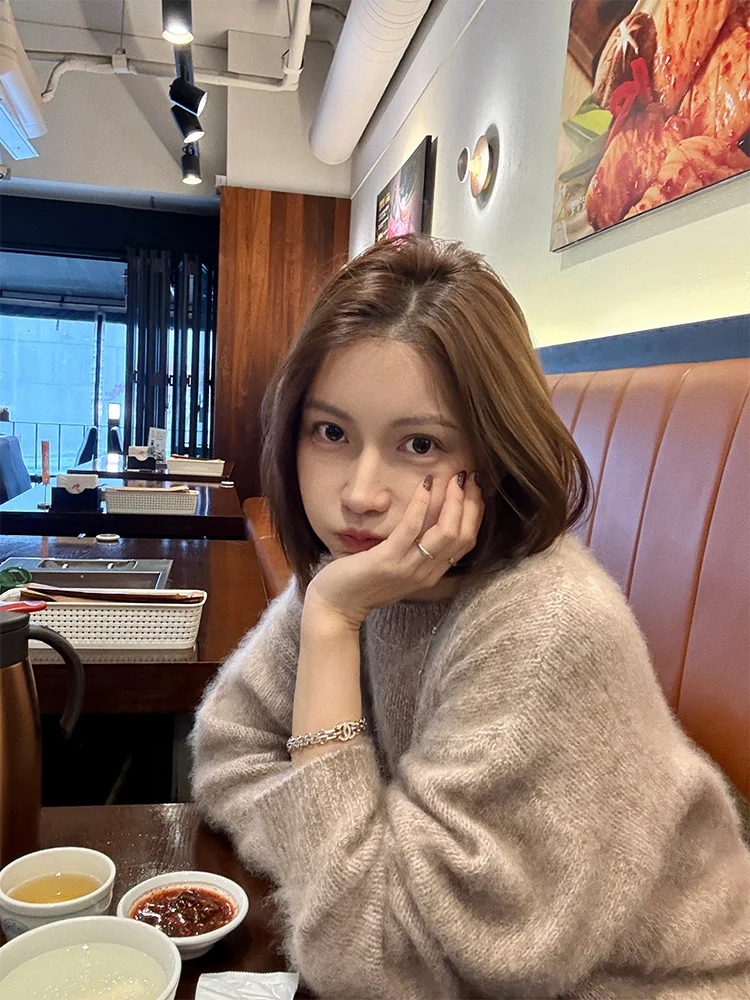 

Heavyweight 30g Flowered Wool Fce round Ne Coarse Knit Loose Women's Sweater Casual Sle Long Sve Color Knitwear