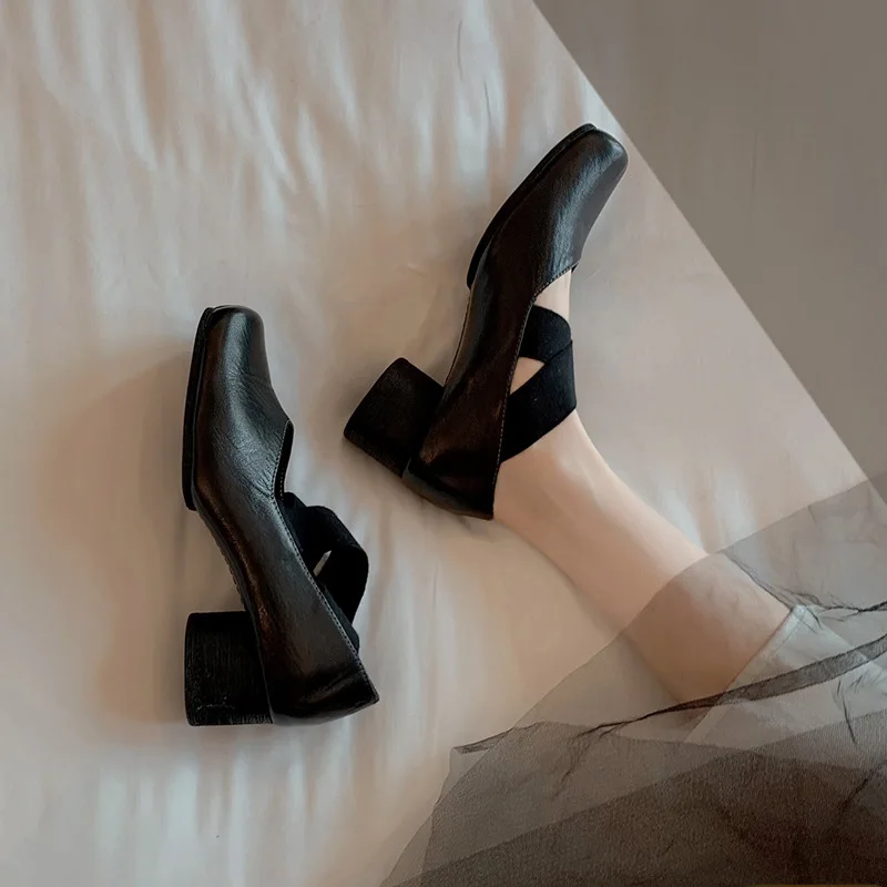 

Genuine Leather Mary Jane Single Shoes Retro Cross Strap Square Toe Comfortable Thick Heel High Heeled Pig Nose Ballet Shoes