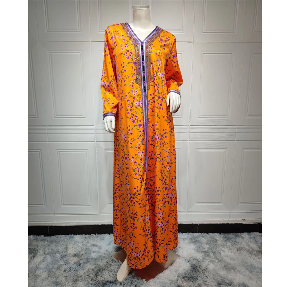 

Morocco Party Eid Women Elegant Abaya Floral Print Maxi Dress Turkey Arab Dubai Saudi Kaftan V-neck Gown Ramadan Jalabiya Caftan