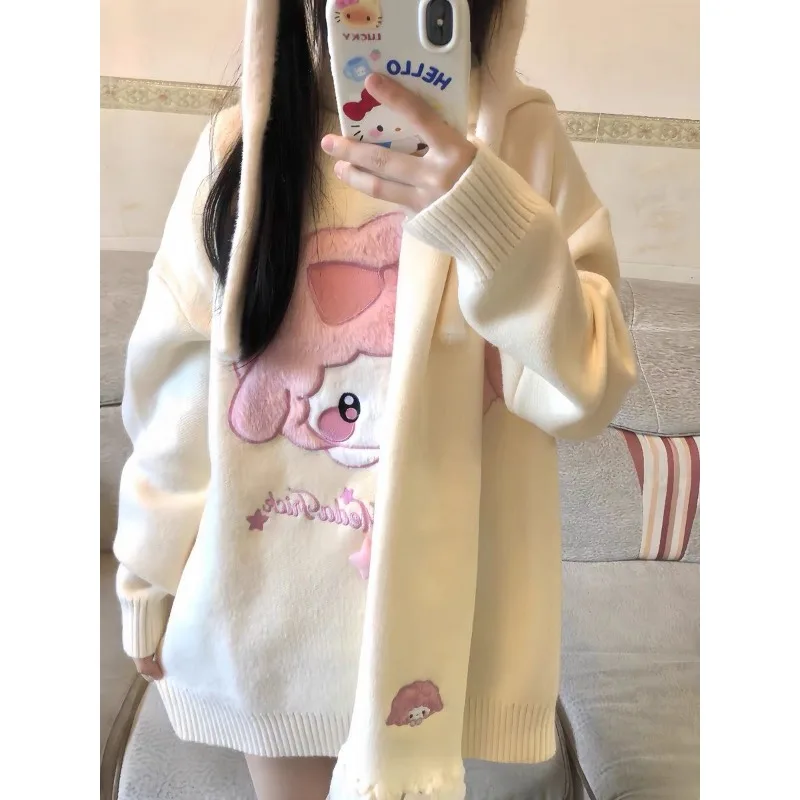 My Melody bedrukte trui set damessjaal Kawaii zoete gebreide trui schattige bovenkleding losse cartoon tweedelige set pluche cadeau