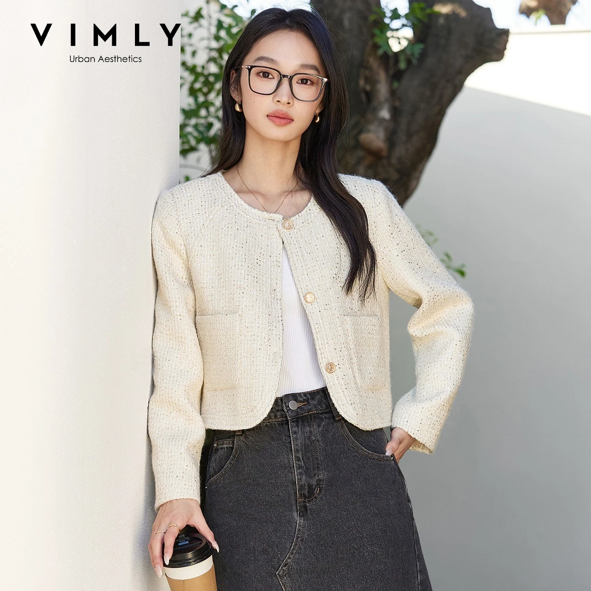 VIMLY Short Coat Women 2026 Autumn Winter Elegant Round Neck Loose-fit Straight Wool Jacket Fashion Casual Outwears Female M3892
