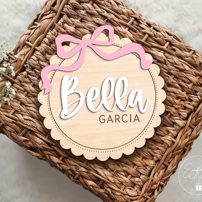 Custom Bow‑Decor Round Baby Name Wooden Sign, Personalized Bow Birth Plaque, Newborn Photo Prop Decor Baby Shower Keepsake Gift
