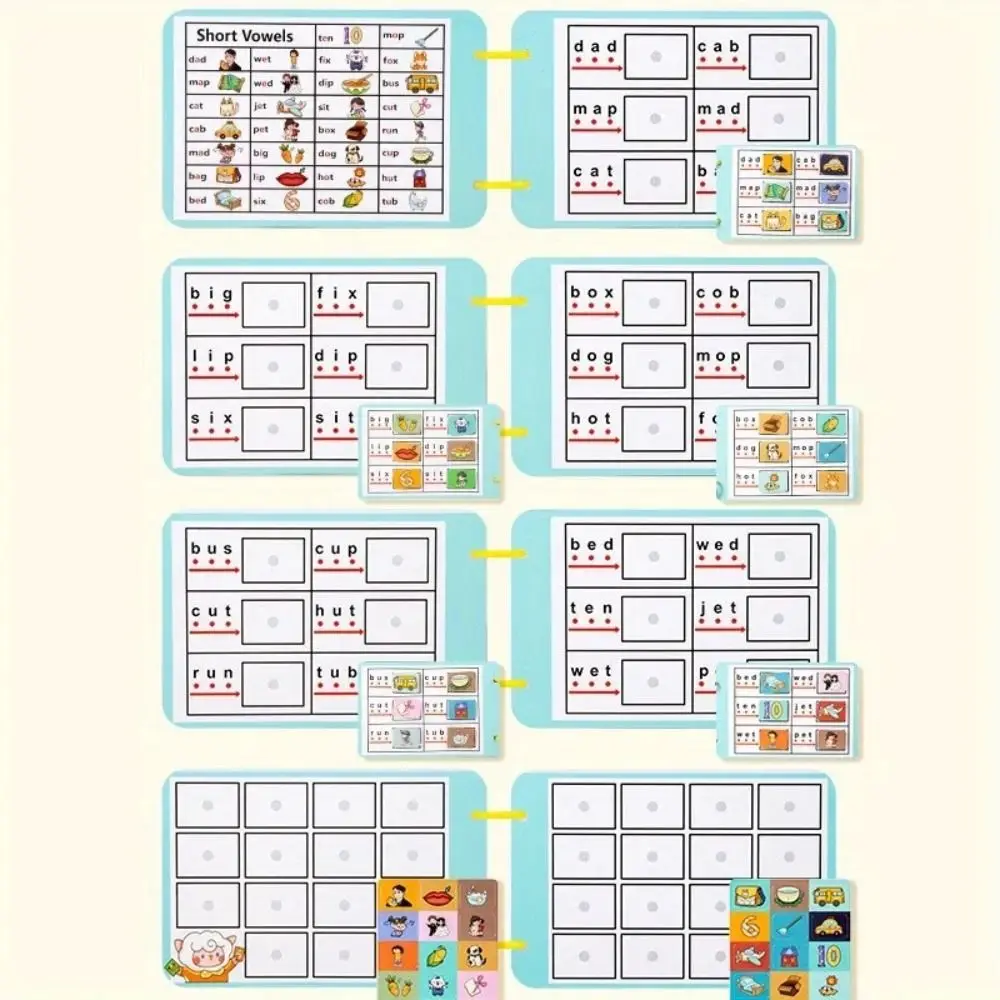 Livro interativo de construção de palavras cvc, livro ocupado, 1-10 quantidade, cognição de palavras, colagem repetida, livro ocupado diy, jogo de correspondência de desenhos animados