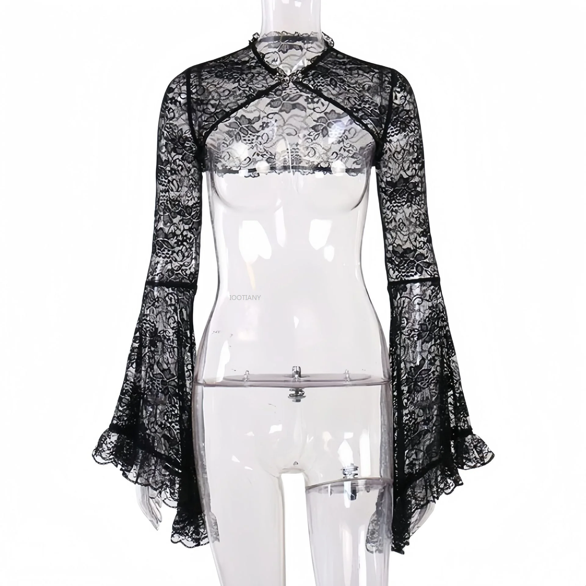 

2026 Medieval Gothic Long Sleeve Short Coat Women's Sexy Flared Sleeve Lace Hollow Button Silk Top Steampunk Blouse