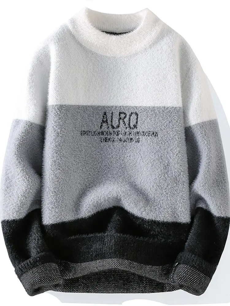 

Thiened f-High Collar Patchwork Color Knitwear Men's Fce-Lined Loose Top Youth Casual Sle Polyester Fiber Long Sve