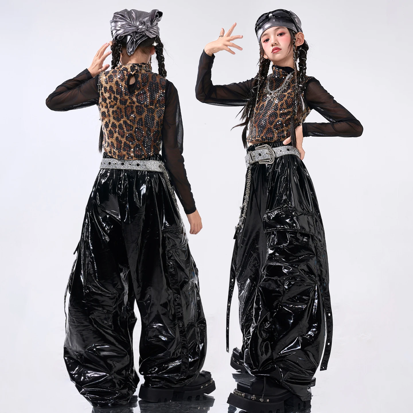 Hip Hop Ragazze Paillettes Crop Top Street Dance PU Pantaloni svasati Bambini K-pop Costumi streetwear Bambini Jazz Girl Gruppo Set di vestiti
