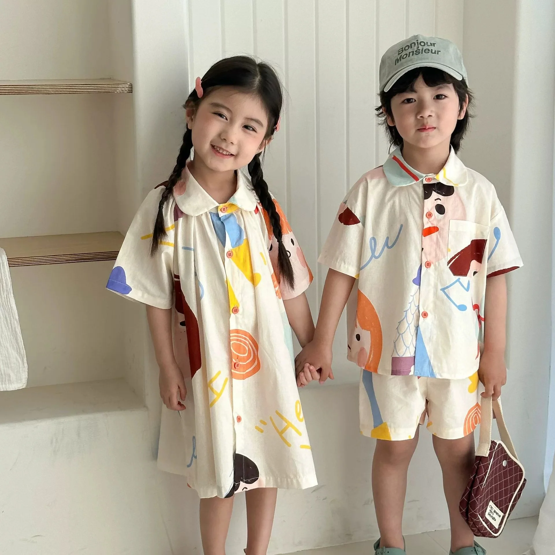 

Одежда для брата и сестры, лето 2025 года, детская футболка и шорты для мальчиков, костюм из 2 предметов, детское платье с короткими рукавами и граффити для девочек