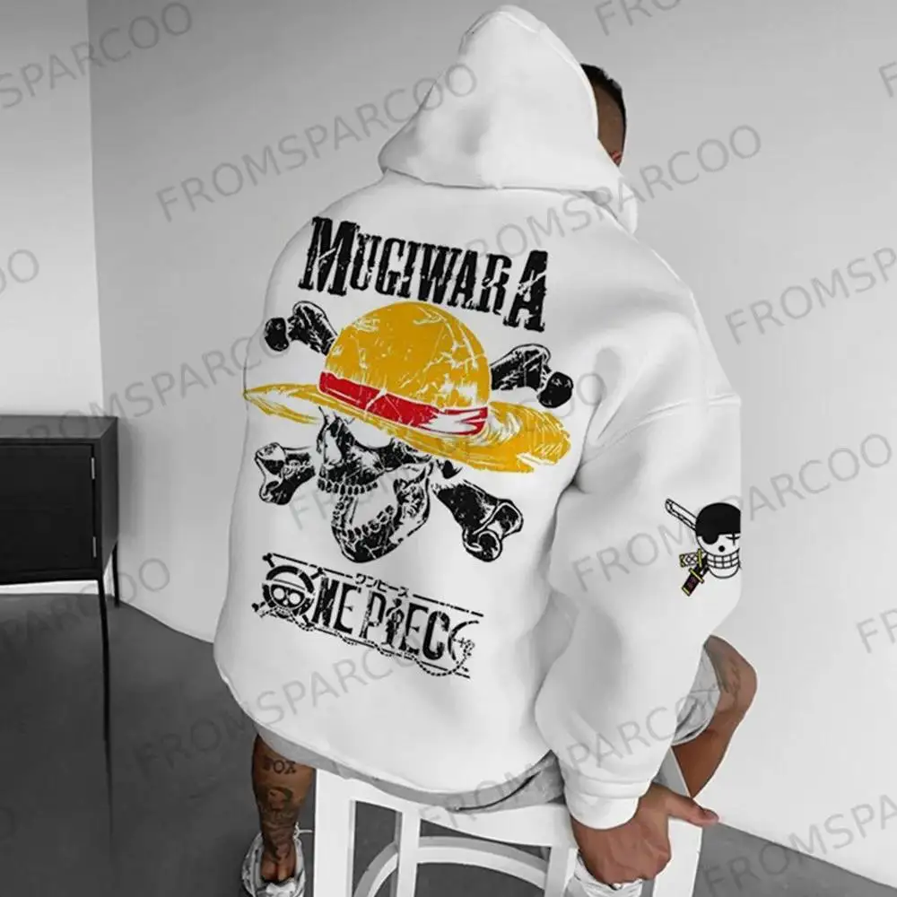 ワンピース パーカー メンズ 草帽族 スカルプリント コットン ストリートウェア プルオーバー ルーズフィット ユニセックス アニメ グラフィックデザイン スリーブロゴ