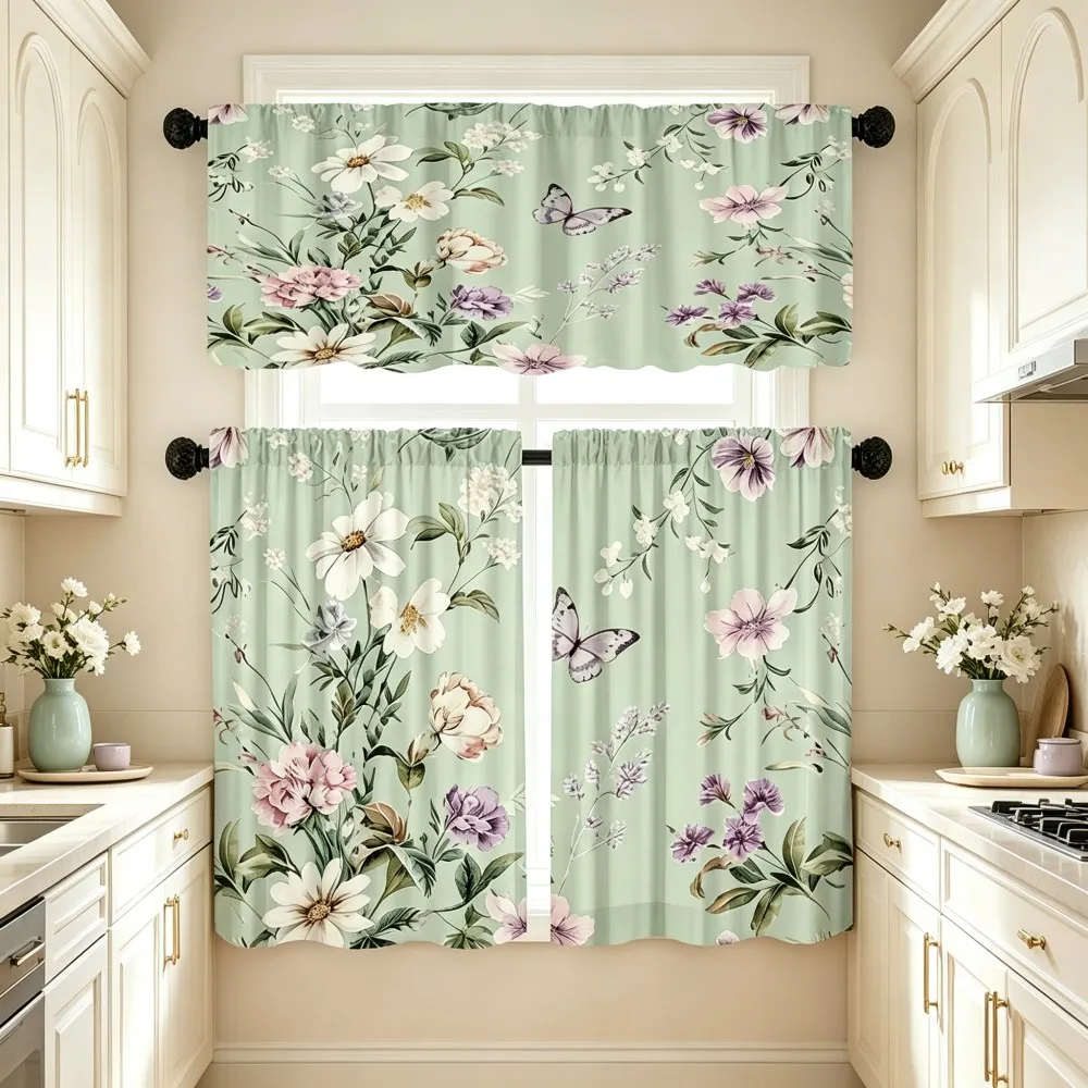 Floral Kitchen Curtains, Green Wildflower Butterfly Purple, Digital Print, Kitchen Dining Room, Rod Pocket Polyester, Home Decor