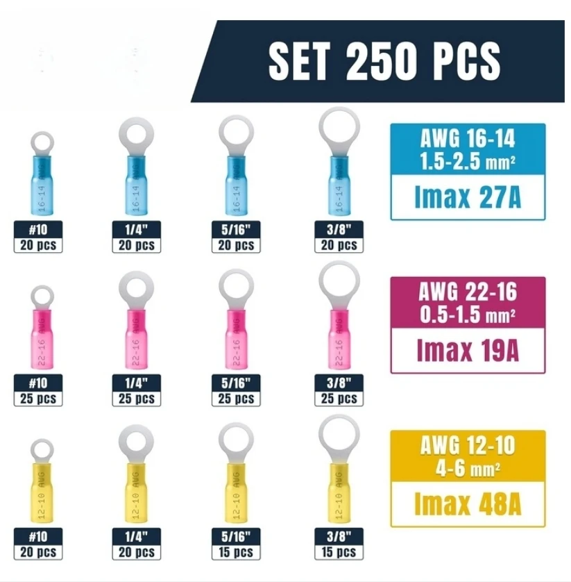 250 Heat Shrink Ring Terminal Kit for 22 10 AWG Wire Waterproof Connectors for Automotive Marine Electrical Applications