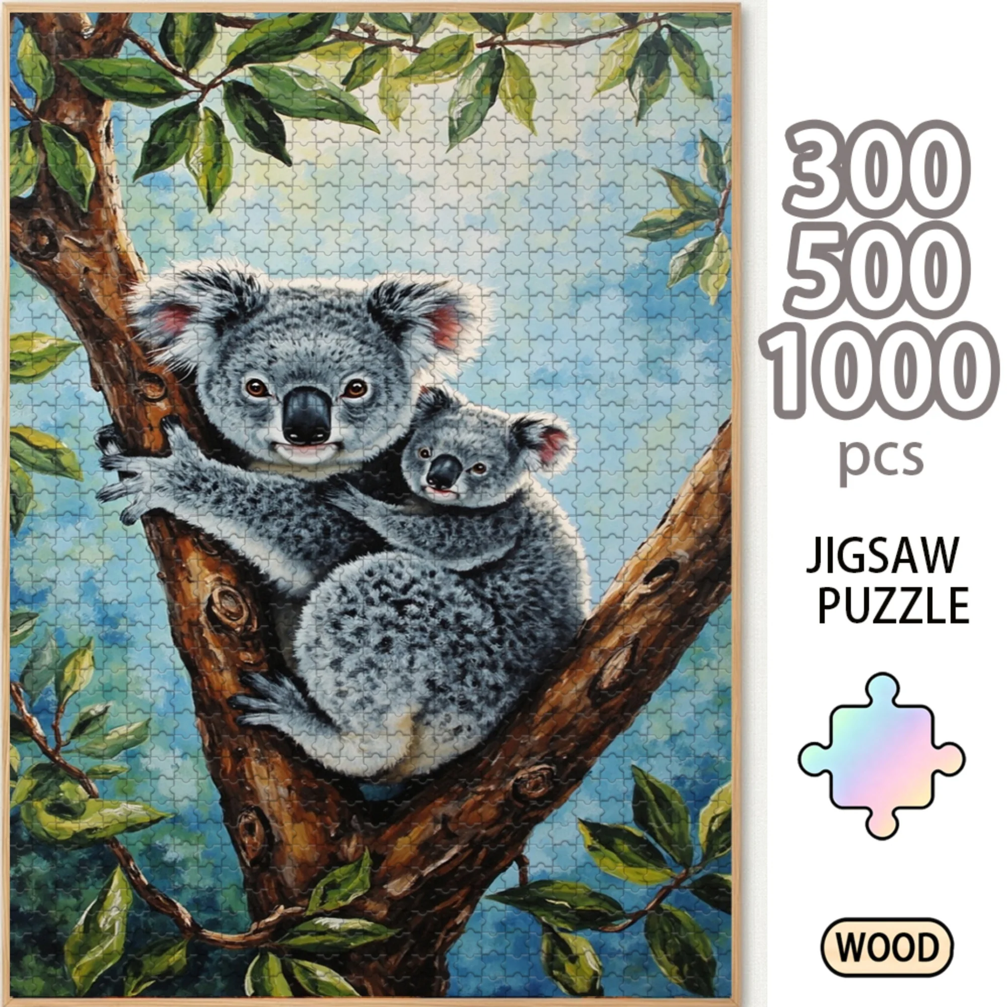 Cute Koala Bear 300/500/1000 Piece Wooden Jigsaw Puzzle for Adults, Wood Puzzle Game, Brain Teaser Family Board Game, Home Entertainment Gift