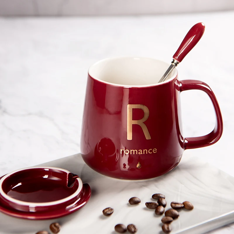 

Creative Mug Letters Ceramic Coffee Office Couple Japanese Style Spoon with Lid Breakfast Milk Taza De Cafe Coffee Cup