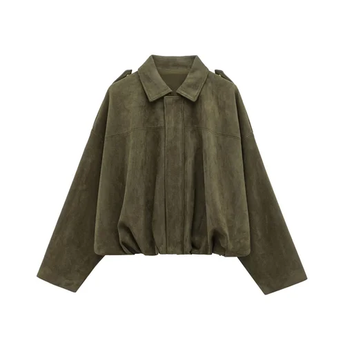 Imagen 1 del producto 2025 Chaqueta con cuello de ante sintético para mujer con correas en los hombros, corte holgado, elegante, verde oliva, a la venta