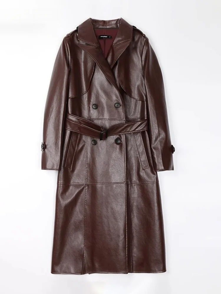 Nerazzurri Women's Long PU Leather Jacket Double Row Buttons Waist Belt Coffee Color Commute Style Fashion Outerwear Coat