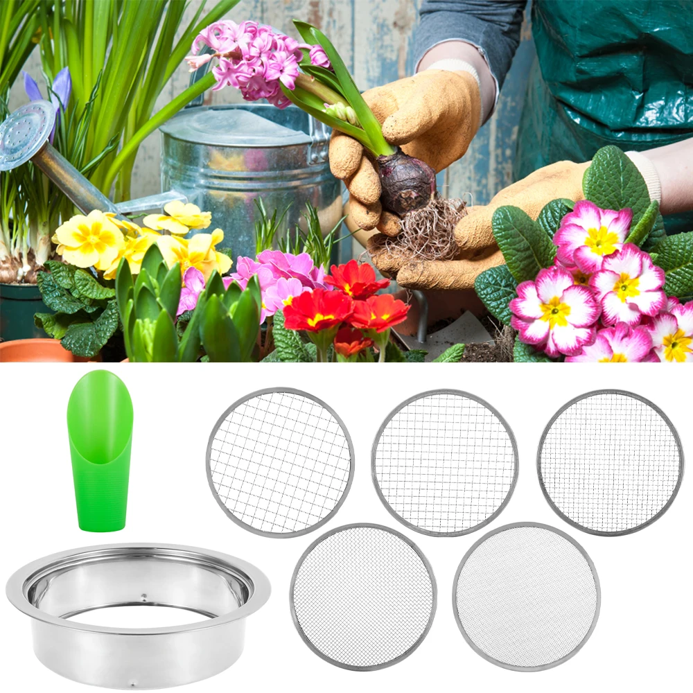 

Stainless Steel Soil Sieve Set Multifunctional Garden Soil Filter Interchangeable Meshes with 5 Sizes Gardening Bonsai Supplies