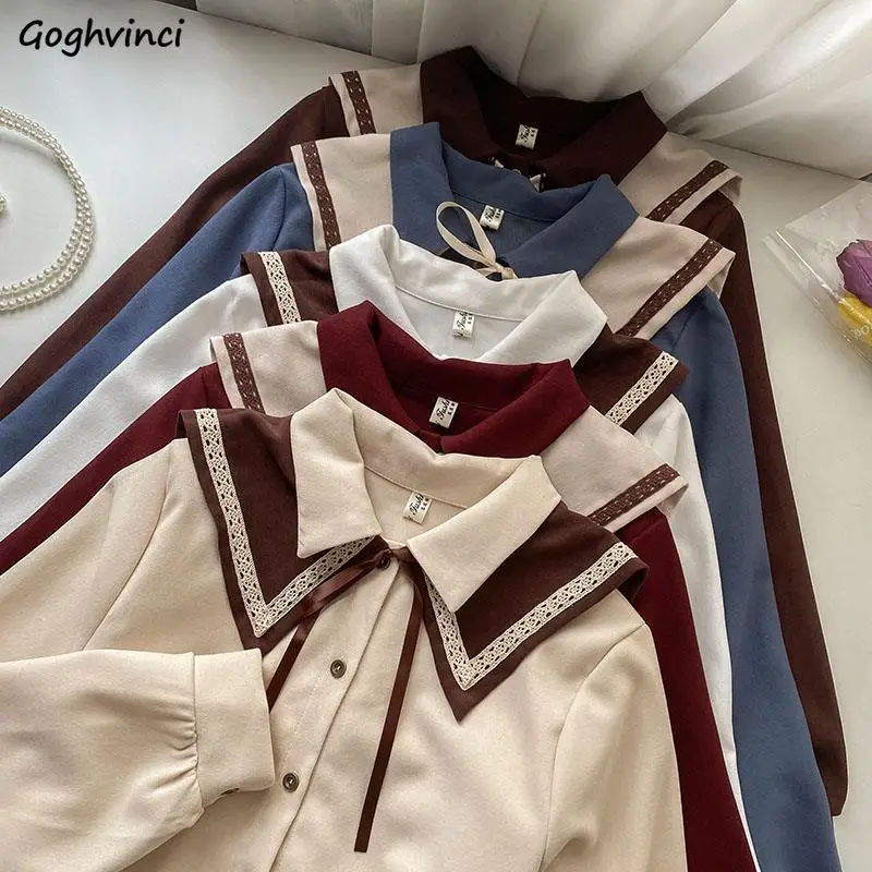 5 Colors Long-sleeved Shirts Women Cute Double-layer Collar Shirt Chic Teens Lace-up Design Sweet College Autumn Vintage Tops