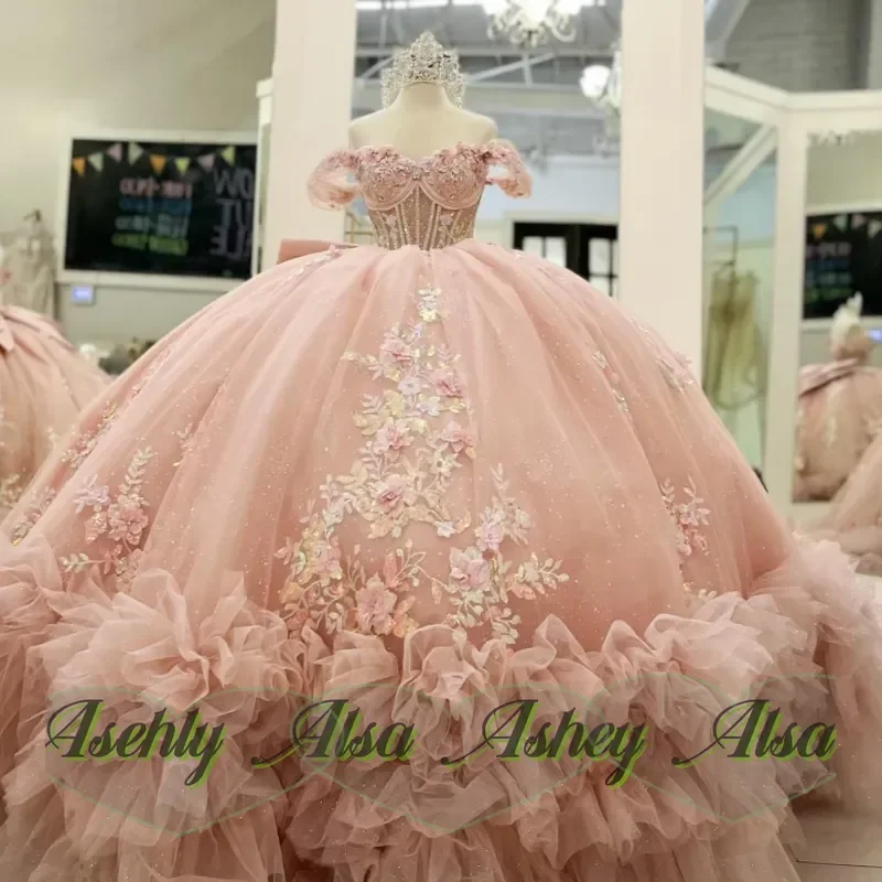 

Pink Shiny Quinceanera Dresses Ball Gown Off The Shoulder Beading Tiered Tull Party Birthday Sweet 16 Dress vestido de 15 Anos