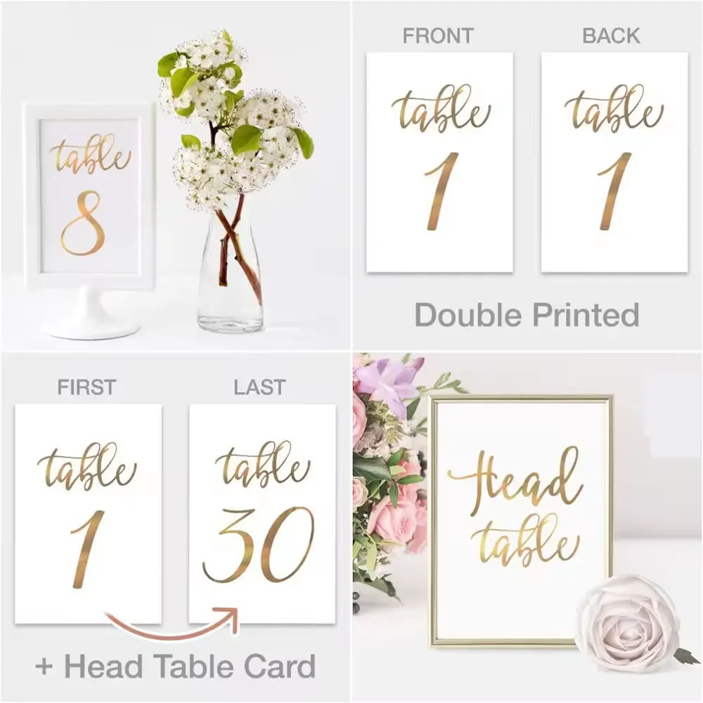 31pcs Number 1-30 Printed Gold Foil Wedding Double Sided Paper Stand Up Table Numbers 31pcs Sliver Foil Cards with Head Table