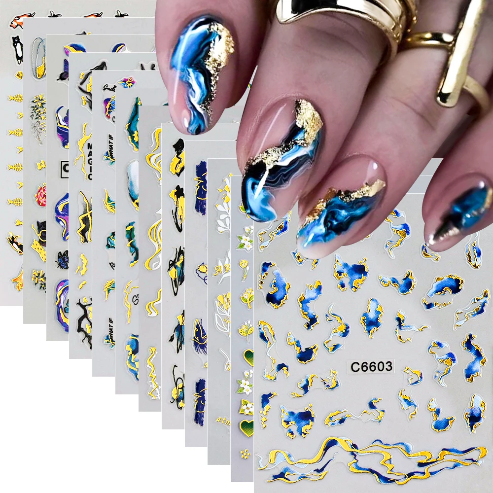 1pc 3D Marble Blue Gold Nail Sticker Wave Line Geometry Abstract Ink Blooming Nail Art Sliders Decals For Manicure Decorations