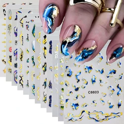 1pc 3D Marble Blue Gold Nail Sticker Wave Line Geometry Abstract Ink Blooming Nail Art Sliders Decals For Manicure Decorations