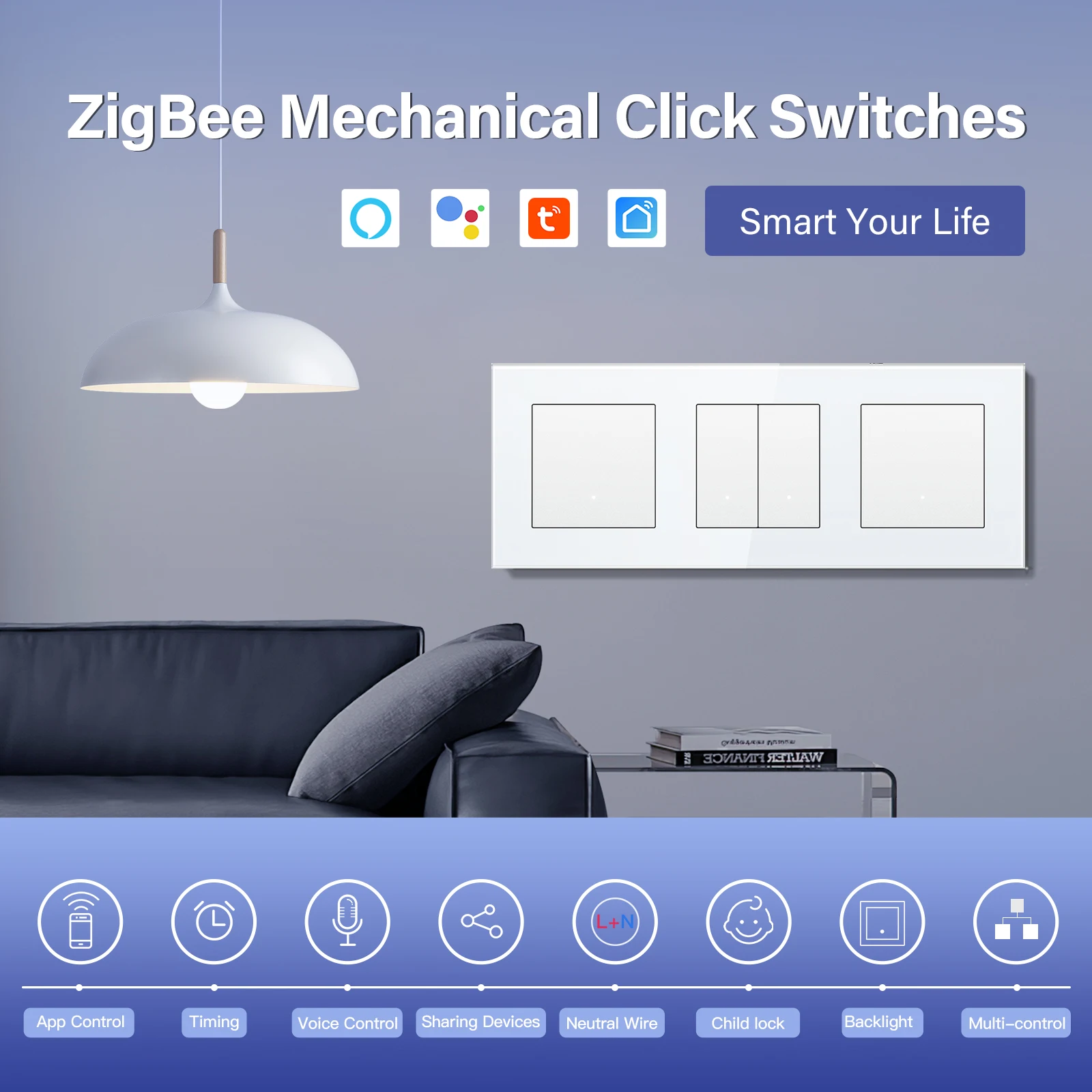 BSEED 1/2/3/4Gang potrójny Zigbee inteligentny przełącznik przyciskowy szklany Panel Tuya inteligentne życie Google Alexa Control z przewodem neutralnym
