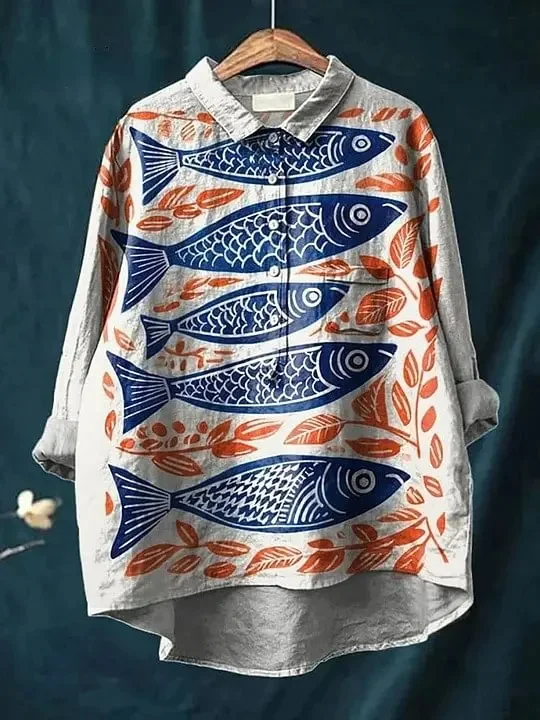 New Bohemian Geometric Line Printed Men's Shirt with Contrast Splicing Collar and Seven Cent Sleeve Shirt