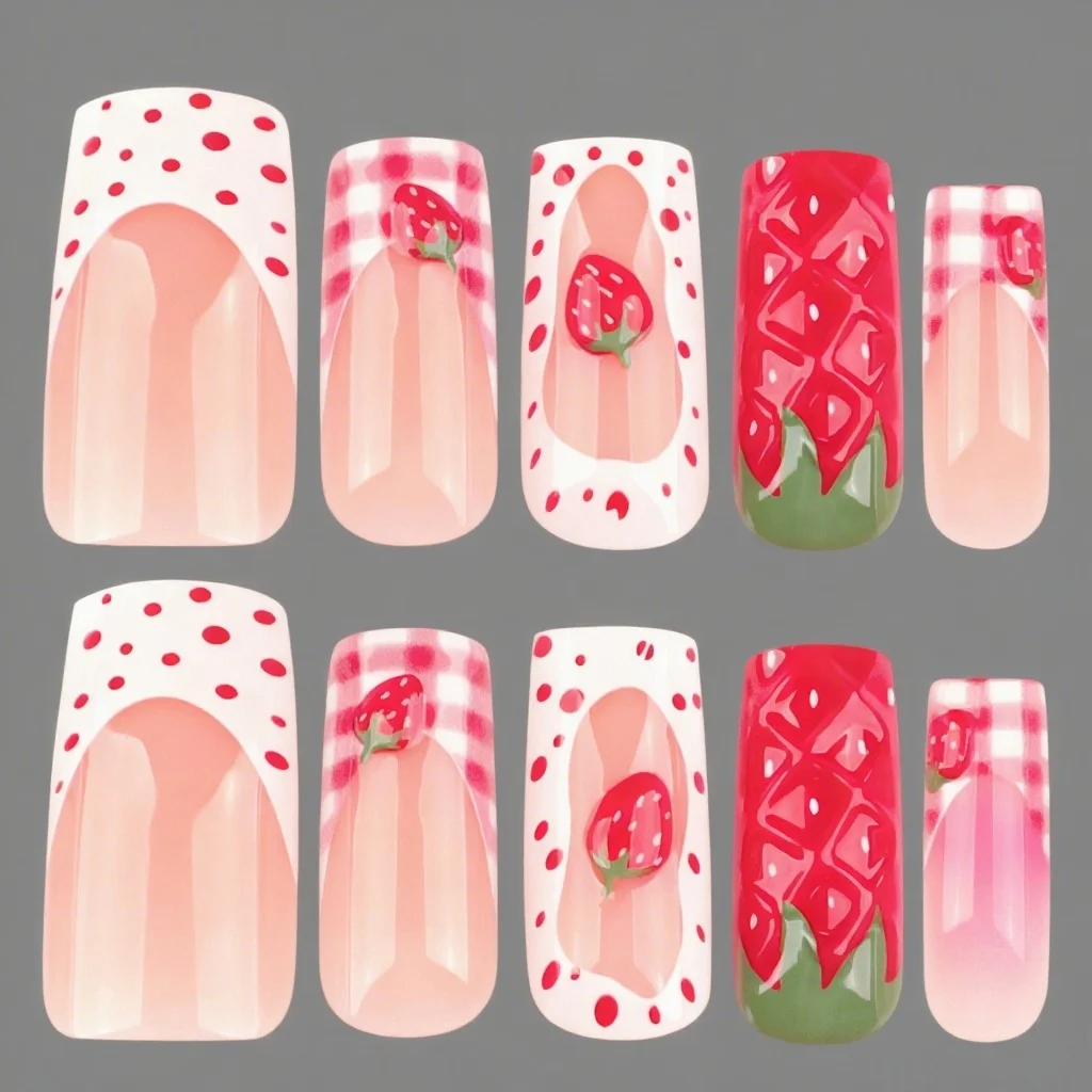 

24PCS 3D Strawberry French False Nails Set with Glue 3D Star Medium Square Press on Nails for Women Wearable Retro Nail Manicure