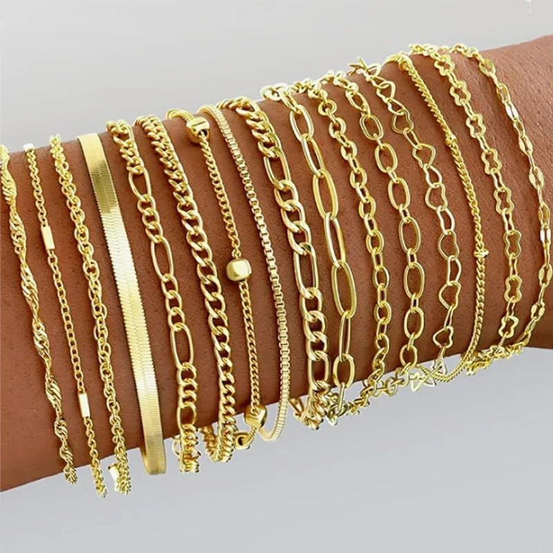 16pcs Fashion Boho Twist Chain Bracelet Set for Women Punk Gold Silver Color Adjustable Cuban Link