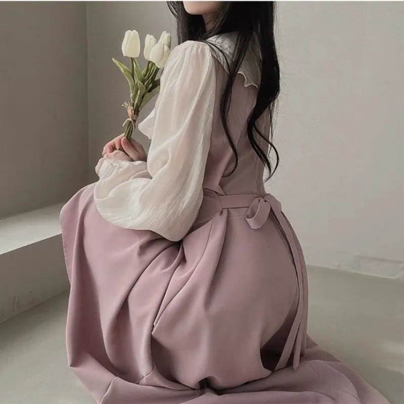 Long Sleeve Dresses Women French Vintage Ruffles Patchwork Mid-length Chic Sweet Temperament Elegant Gentle Vestidos Autumn Ins