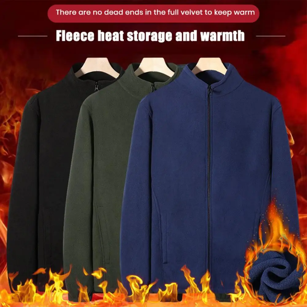 Men Jacket Stand Collar Long Sleeve Solid Color Thickened Coat with Pockets Autumn Winter Casual Zipper Closure Outwear