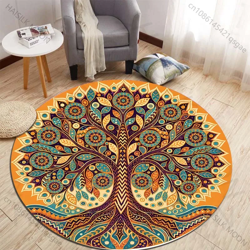 Intricate Painted Tree of Life Design Printed round carpet living room sofa table carpet large pet mat soft round carpet