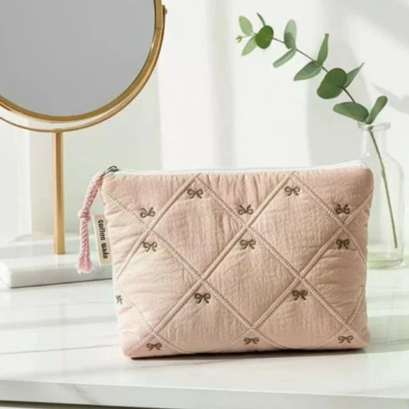 Embroidered Bow Quilted Cosmetic Bag, Large Capacity Multifunctional Stationery & Pen Case