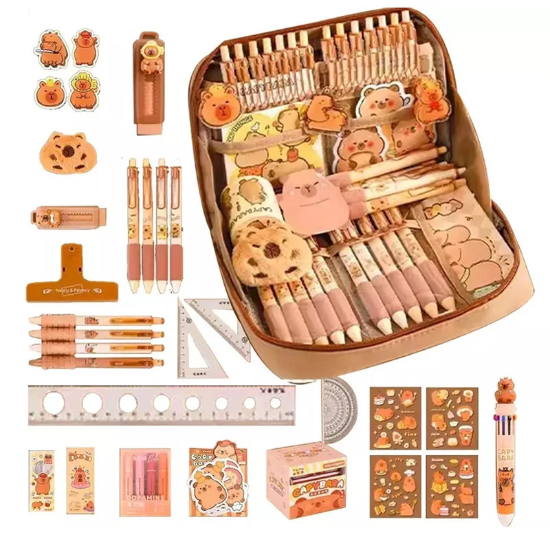 

Набор канцелярских принадлежностей Capybara, милый пенал с зажимами для ручек, линейки, липкая заметка, 10-цветная шариковая ручка, органайзер для карандашей для студентов