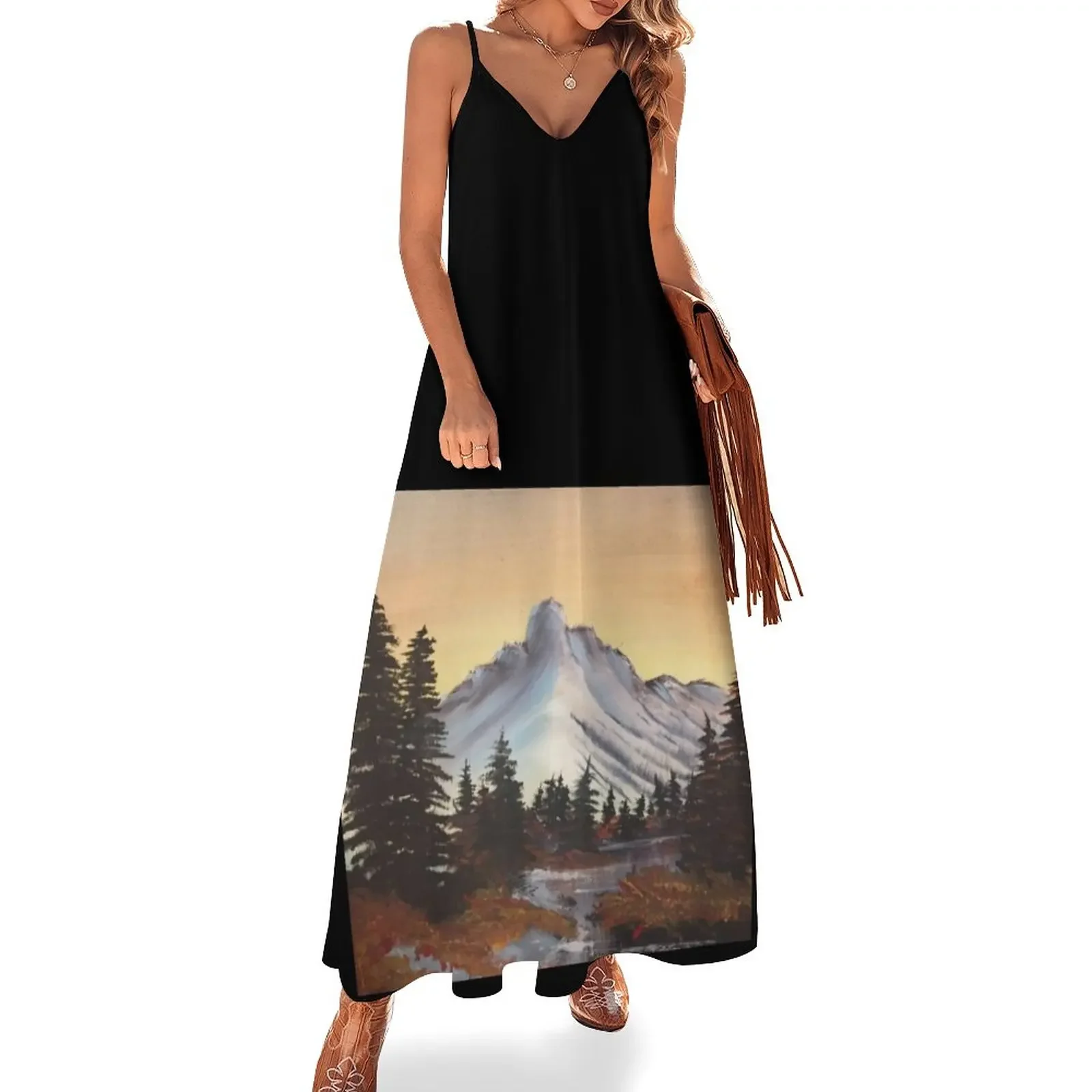 

Bob Ross Inspired beautiful fall coloured oil painted mountain nature landscape Sleeveless Dress beach dress