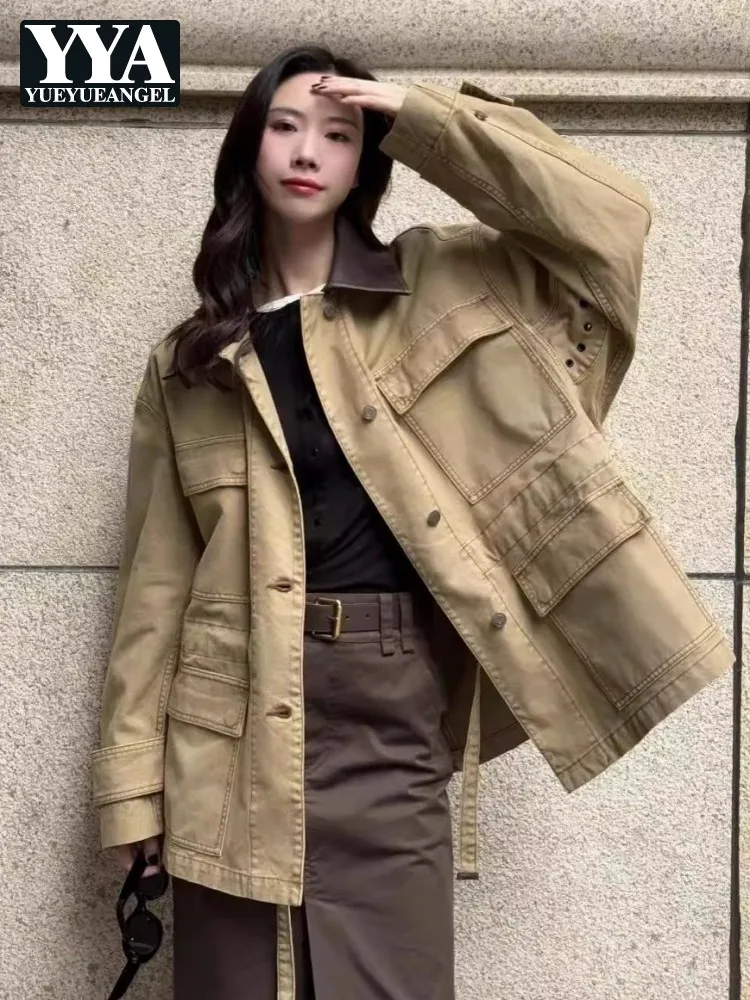 Spring Autumn Women Vintage Cargo Jacket Single Breasted Loose Fit Medium Long Outwear High Street Harajuku Casual Windbreakers