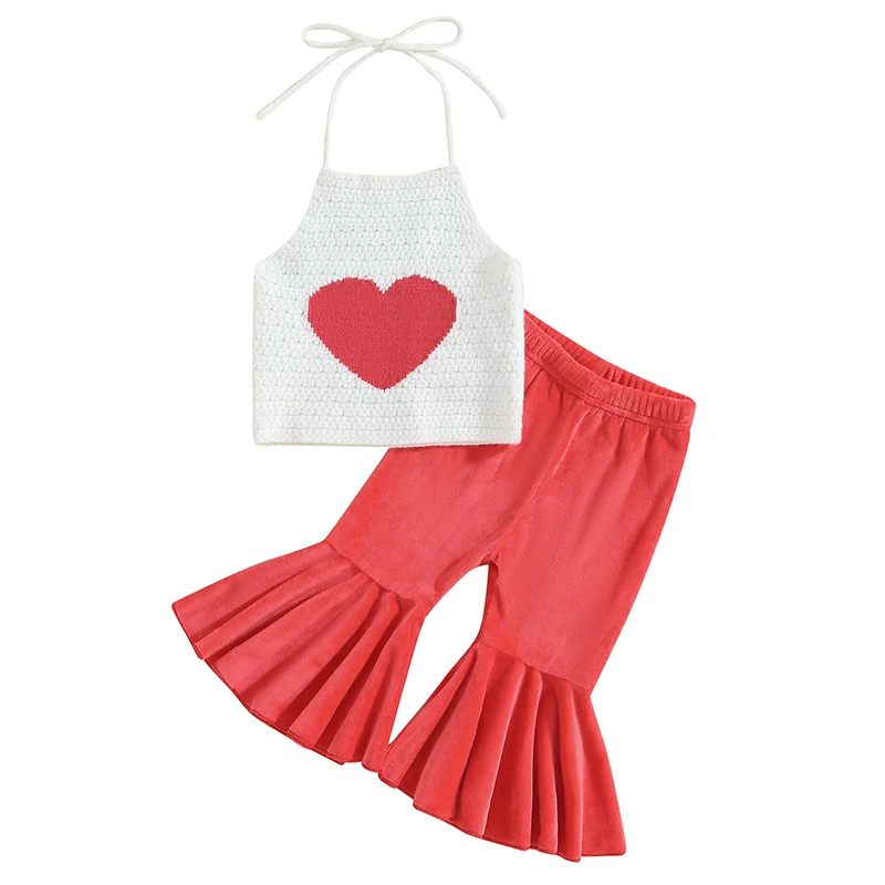 Toddler Outfits for Girls Halter Neck Sleeveless Heart Embroidery Tops with Elastic Waisted Velvet Flared Pants