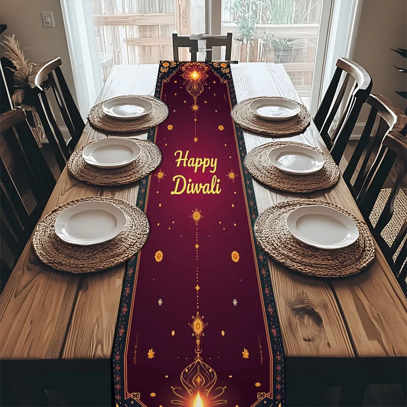 Happy Diwali Festival of Lights Linen Table Runner Holiday Party Decor Reusable Kitchen Dining Table Runner Diwali Decorations