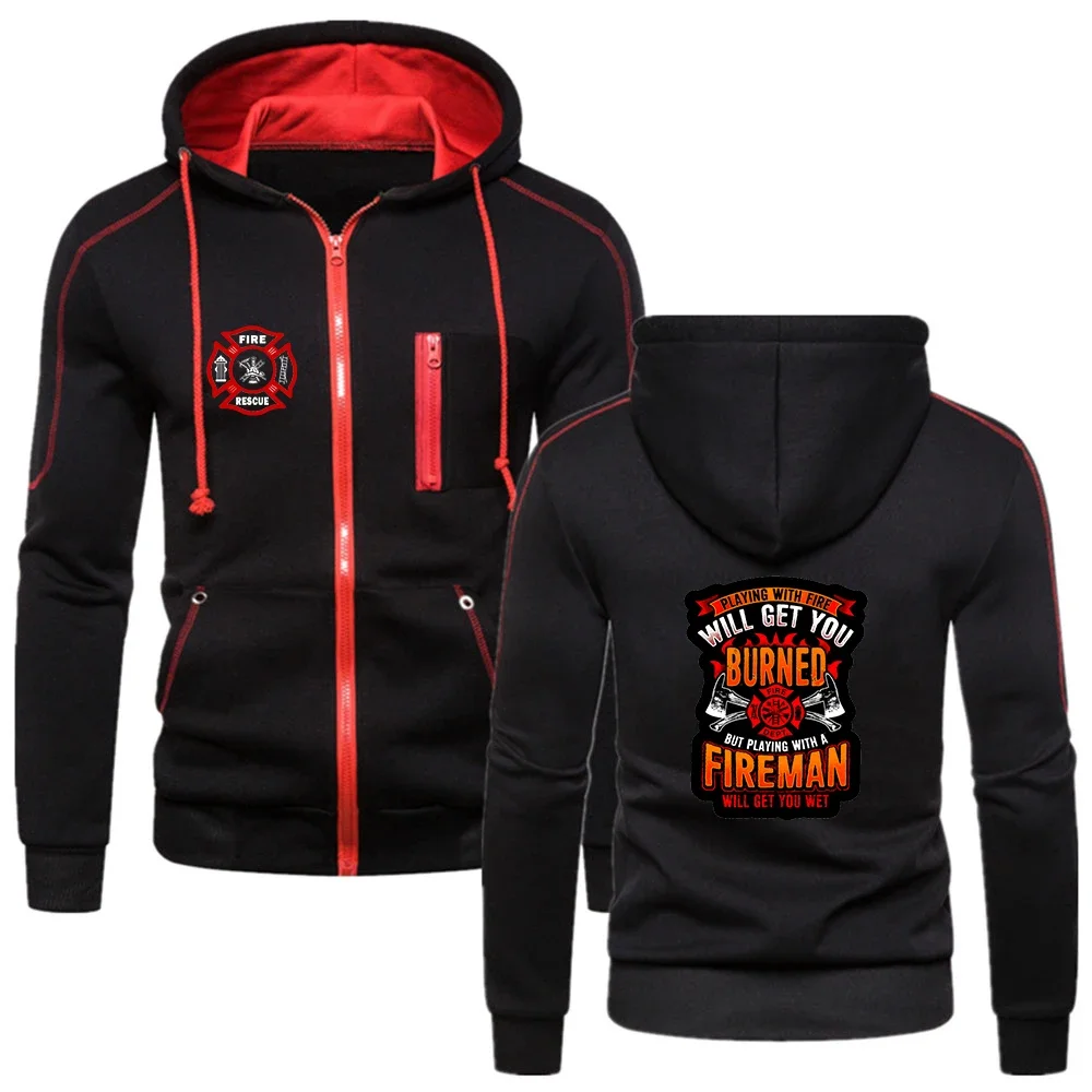 2024 Spring Autumn Men's Firefighter Rescue Team Logo Printed Popular Zipper Hooded Casual Sports Jacket Comfortable Sweatshirts