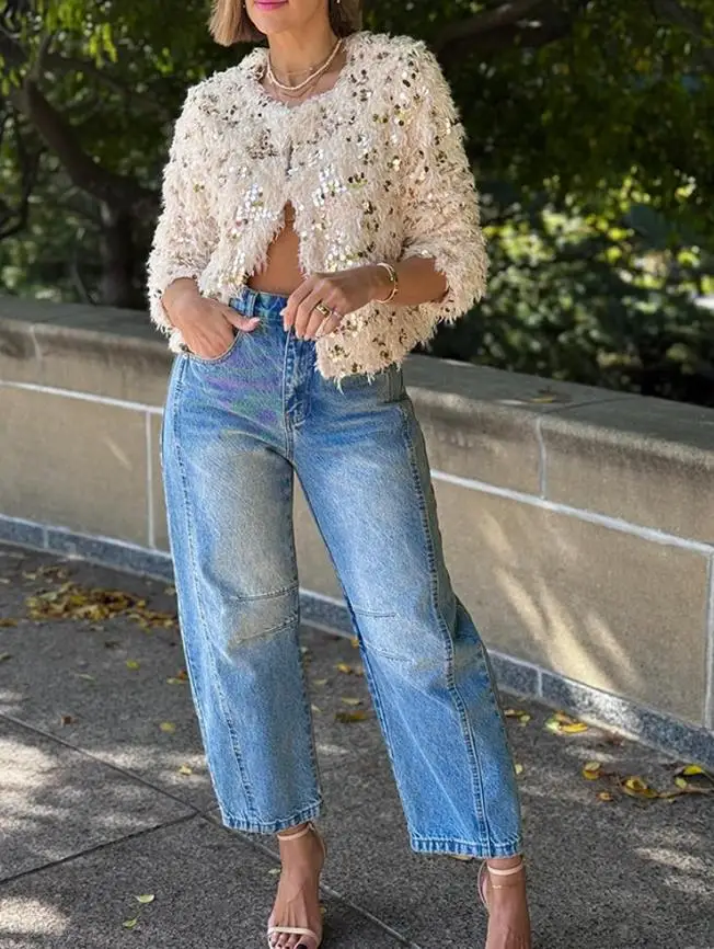 2025 Women's Latest Hot Selling Elegant Contrast Sequin Plush Fleece Open Front Fall Coat Fashion Warm Cropped Winter Outwear