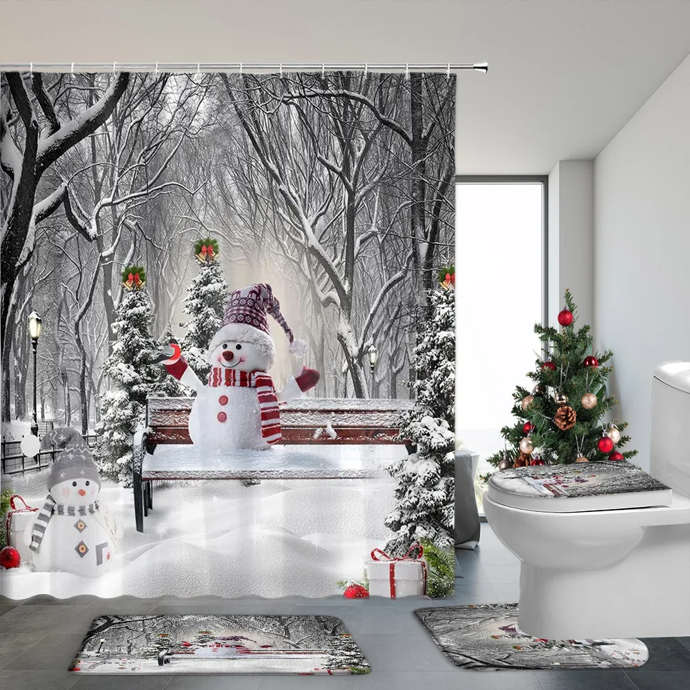 4 Piece Set Christmas Shower Curtain and Rug Bathroom Santa Claus Snowman Christmas Gift Printed Shower Curtains Bath Mat Set