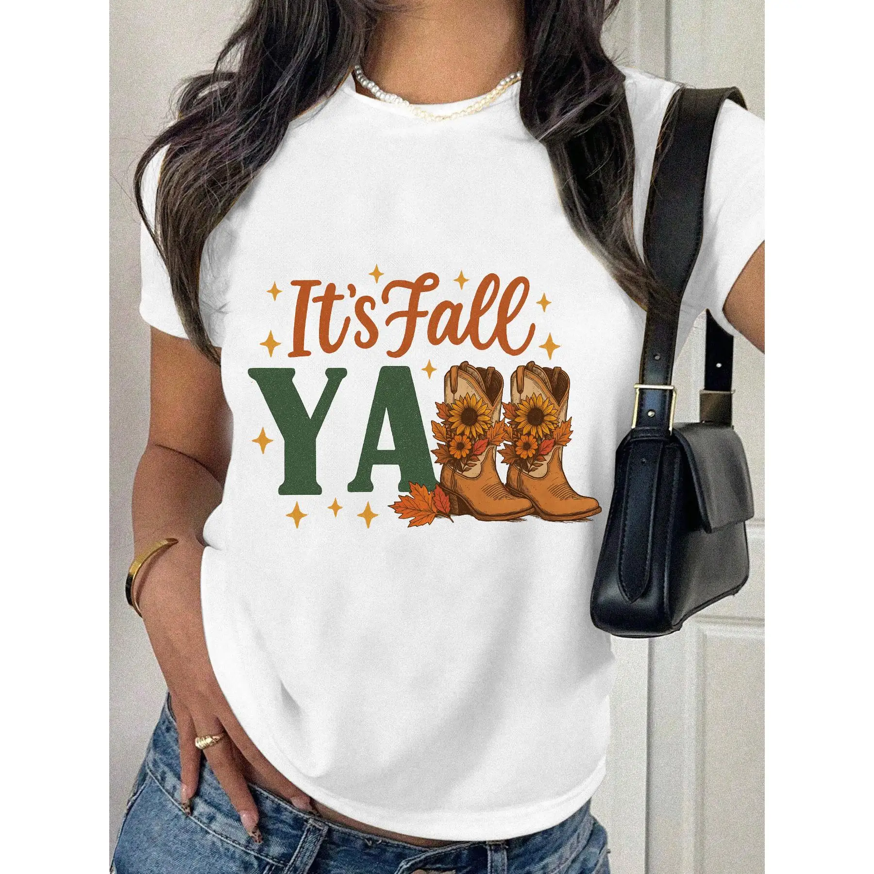 

Women's It's Fall Y'all T-shirt Cowboy Boots Graphic Tee Autumn Seasonal Top Sunflower and Leaves Print