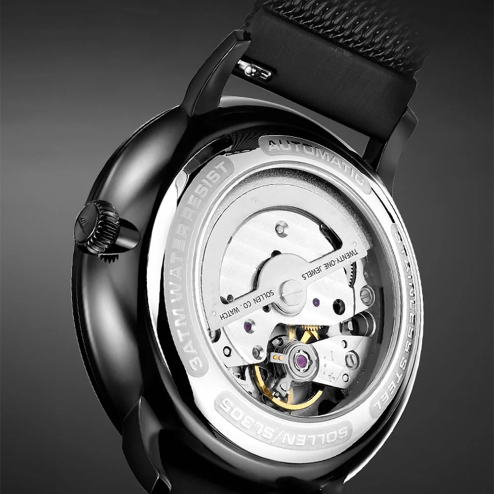 นาฬิกาผู้ชายแบบกลไกอัตโนมัติแบรนด์หรูจากญี่ปุ่น Miyota ของ Swiss sollen ไพลินสามเข็มขนาดเล็กกันน้ำนาฬิกาเรืองแสง