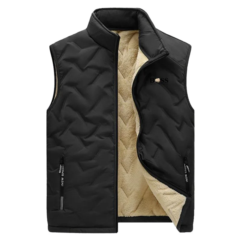 Men's vest, stand up collar, lamb wool, warm vest, autumn and winter thick windproof jacket, zipper, shoulder print vest