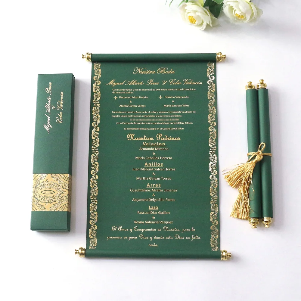 100Pcs Custom Elegant Scroll Wedding Invitations Personalized Luxury Green Paper Birthday Party Invitation Card With Tassel Box