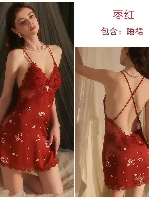 핫 패디드 슬립웨어 드레스 퓨어 디자이어 레이스 섹시 새틴 드레스 백리스 딥 V 서스펜더 슬리브리스 프린트 드레스 매력적인 GT5U