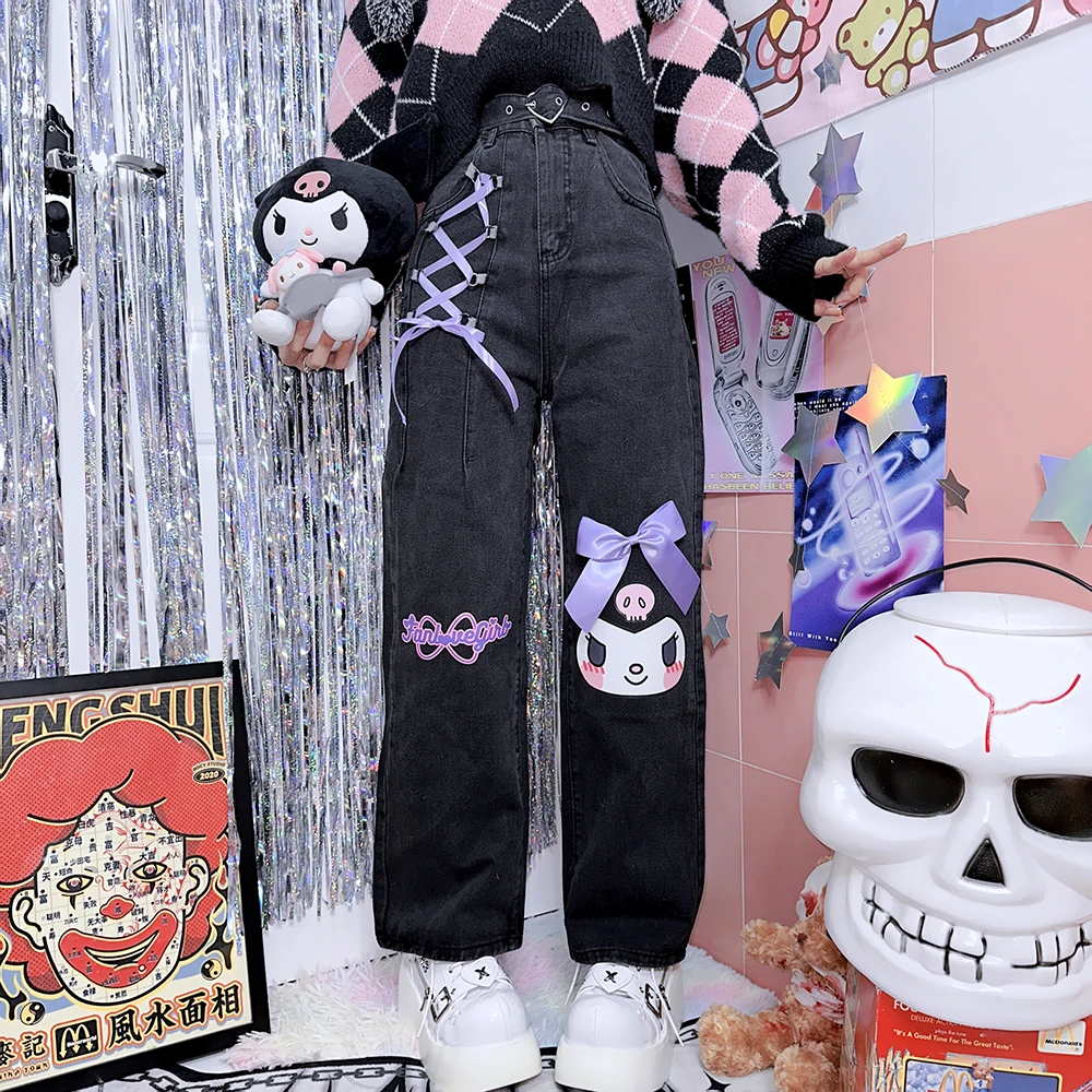 Dophee Original Harajuku Wind Women Jeans Ribbons Cartoon Bow Personality Autumn Winter Cute Girls Ankle-length Straight Pants