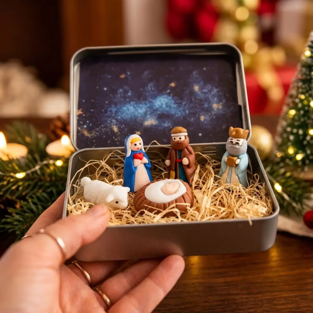 Metal Tin Box Mini Christmas Trough Set Hand Painted 3D Printed Nativity Manger Scene Kit Holy Family Shepherd Animal