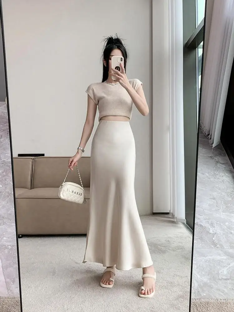 

Women Vintage Korean Fashion 2025 Spring Summer New Black Beige Brown High Waist Vacation Wrapped Hip Fishtail Long Skirt Simple