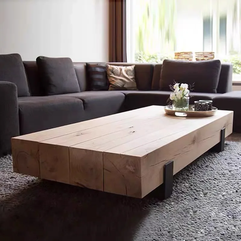 Japanese iron solid wood long coffee table combination designer square wooden strip coffee table B&B log coffee table
